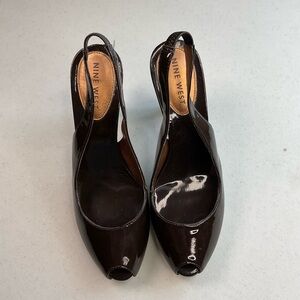 Nine West Actiso Brown Patent Slingback Heels Size 6.5M Peep Toe Platform Pumps